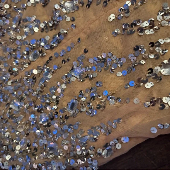 Mac DUGGAL | Beige One Shoulder Sheer Hand Beaded Mini Dress | 10977 | 4 - Picture 6 of 10